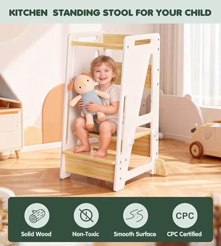 Image of OPAUL Toddler Standing Stool - 3-Level Adjustable Height Wooden Kitchen Step Stool for Kids, Sturdy with Non-Slip Feet, Safe Toddler Standing Stool for Counter Classic White, Ages 18 Months - 6 Years