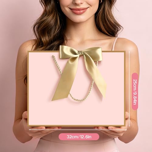 Image of JMANNI Pink Gift Bags with Handles, 13 inch Medium Gift Bag for Presents, 2 Pcs Bags with 4 Tissue Paper and 2 Cards for Baby Shower Wedding Bridal Shower Mother's Day Birthday Party (Pink-gold)