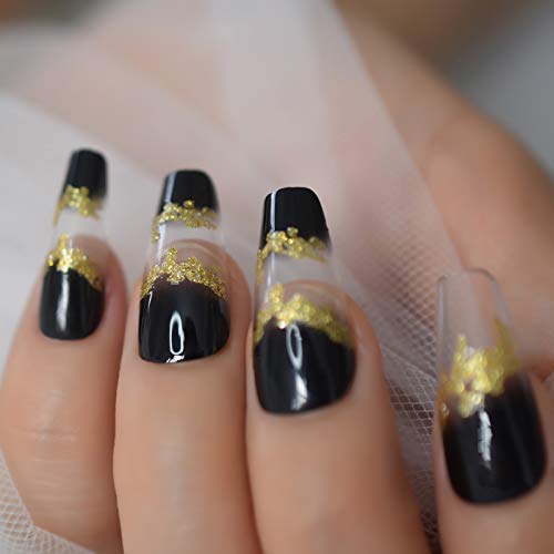 Coolnail Glossy Gold Glitter Ombre Black Clear French Ballerina Coffin Press On False Nail Gradient Ballet Fake Nails Tips For Women Girl #TOP3