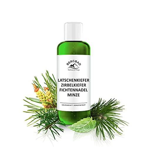 BERGBAD Saunaaufguss LATSCHENKIEFER ZIRBELKIEFER FICHTENNADEL MINZE 250ml, wohltuendes, erfrischendes Sauna-Aufgussmittel mit naturreinen ätherischen Ölen Cover