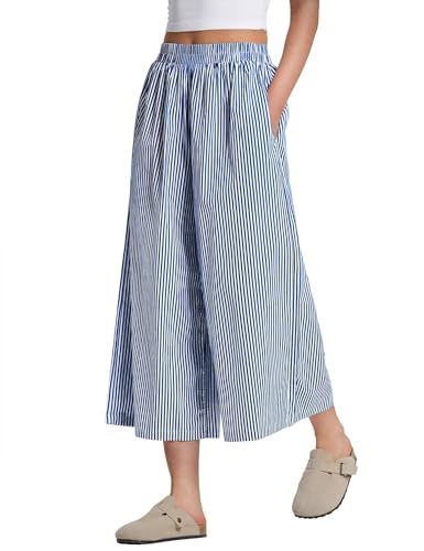 LOMON Womens Wide Leg Capri Pants Striped Culottes Summer Flowy Elastic Waist Palazzo Trousers Bottoms with Pockets (Blue White Strip, L)