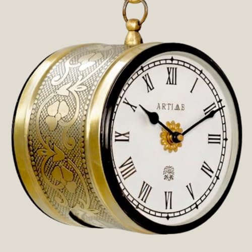 Image of Handcrafted Double Side Metal Analog Vintage Wall Clock | 1.5 Year Machine Warranty | 6 INCHES | 1 Side Number 1 Side Roman,Color Golden