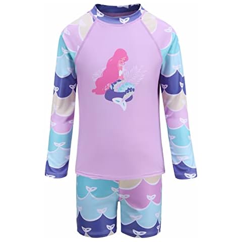 Big Girls Two Piece Rash Guard Swimsuits Set with Swim Trunk Kids Long Sleeve Bathing Suit Hawaiian Mermaid Size 10/8-10 Cover