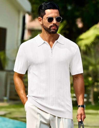 Cotrasen Mens Zipper Polo Shirts Short Sleeve Textured Knit Polo Shirts Regular Fit Casual Stretchy Golf Shirts2