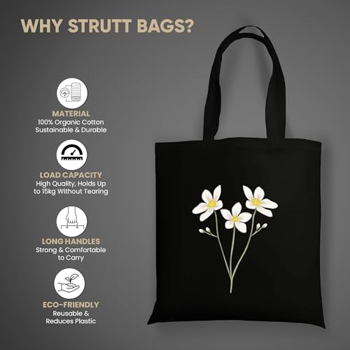 Image of STRUTT Foldable Canvas Tote Bag for Women,Tote Bag for College Girls, 100% Organic Cotton Reusable Shopping Bag for Grocery, Eco-Friendly Multi-Purpose Bag for Travel & Daily Use - White Daisy