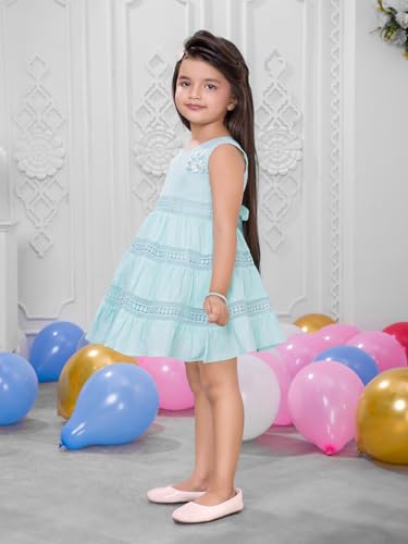 Image of Soft Cotton Lace Work Knee Length Fit & Flare Dress for Kids & Girls, Flower Embellished Frock for Casual & Special Occasion