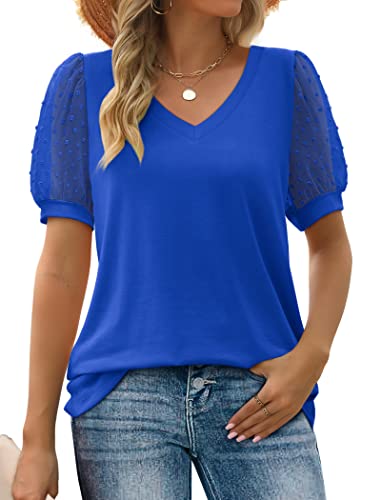 Image of Aokosor Womens Summer Tops V Neck T Shirts Swiss Dot Puff Sleeve Tops Loose Casual Tshirts