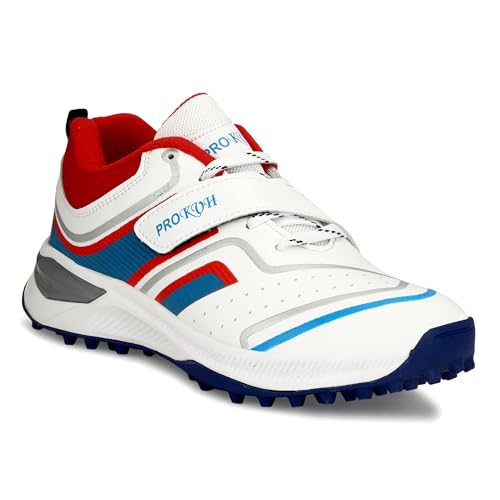 Image of PRO KVH Plus 2.0 Cricket Shoes for Men's White Red Orange Blue - Fast Strap Rubber Spikes, Lightweight,Performance, Comfort, and Durability Shoe for All-Round Performance