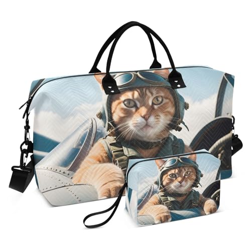 Large Travel Duffel Bag, Cat Plane Sports Tote Gym Bag, Shoulder Weekender Overnight Bag for Women Men, Carry On Luggage with Toiletry Bags