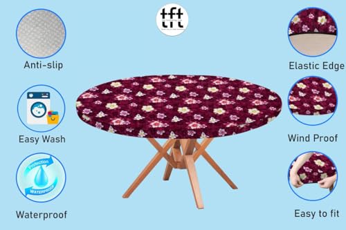 Image of The Furnishing Tree Round Elastic Fitted Dining Table Cover WxL 40x40 Inches Floral Pattern Red
