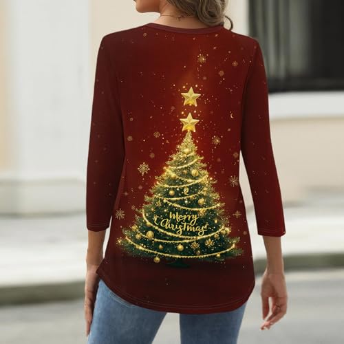 Image of Women Christmas Shirt 3 /4 Length Sleeve Henley Tops Xmas Outfits