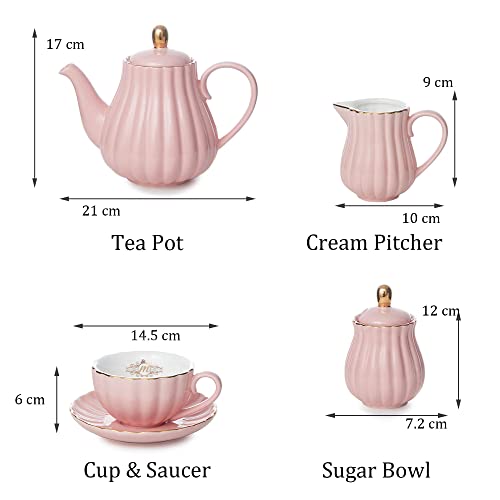 Mostden Fine China 16-Piece Coffee Cup/Tea Cup Set,1 Teapot 1 Sugar Bowl 1 Cream Pitcher, 4 Cups And Saucers,4 Teaspoons 1 Stand, Royal Series Pink #TOP2