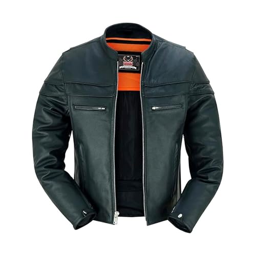 Hugger Men’s Motorcycle Leather Jacket With stand collar Biker Café jacket with Concealment Armory Pockets