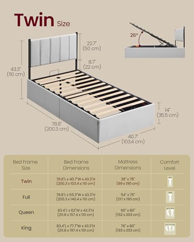 Image of VASAGLE Lift Up Storage Bed Frame, Twin Size, Upholstered Headboard