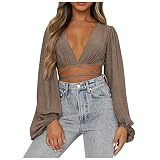 Summer Ties Tops, Women Summer Tops Deep V Neck Tie Front Long Sleeve Shirt Babydoll Shirtsshirts fo
