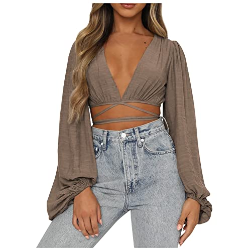 Summer Ties Tops, Women Summer Tops Deep V Neck Tie Front Long Sleeve Shirt Babydoll Shirtsshirts For Women Blouses For Women Nursing Tops Athletic Tank Tops For #TOP30