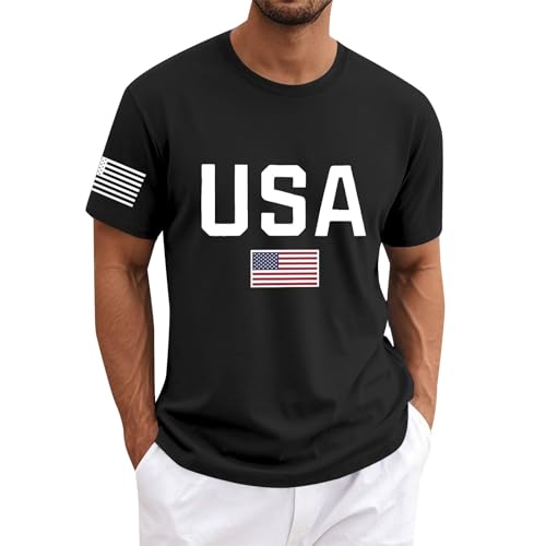 Image of AIDTFUIEY Mens T Shirts Short Sleeve Crew Neck USA Print Cotton T-Shirt Casual Top for Daily Wear Outdoor Activities Patriotic Occasions (Black, XXL)