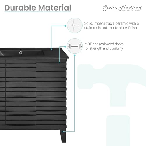 Image of Swiss Madison Cascade 36 in. Black Oak Bathroom Vanity with Black Ceramic Sink Top