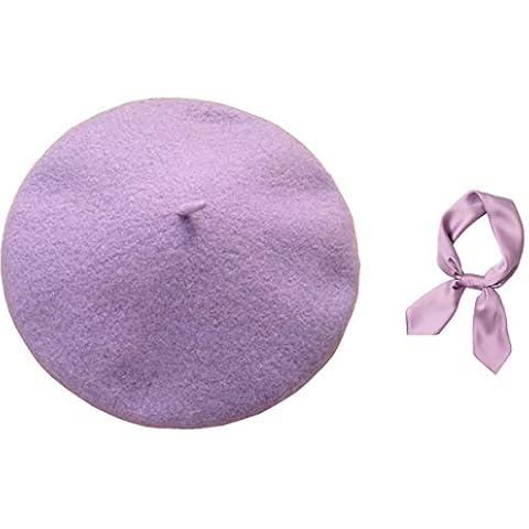 JOYHY Women's Wool Artist French Beret Hat with Square Scarf Light Purple Cover