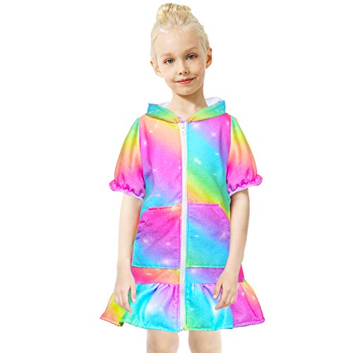 Kid Girls Hooded Zip Terry Swimsuit Cover Up Swim Beach Dress with Pockets 4-9Years Rainbow