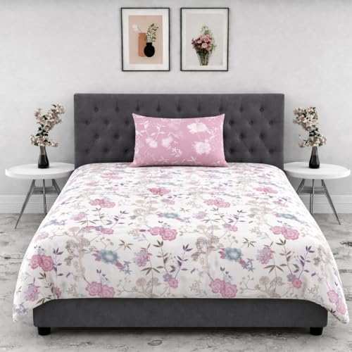 Image of DECOR2ADMIRE 300 Thread Count Premium Cotton Printed Single Bedsheet with One Pillow Covers for Home 60 Inches x 90 Inches (White Pink Contrast, Single 60 inch x 90 inch)
