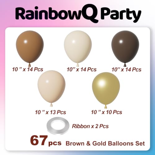 Image of RainbowQ Brown and Gold Balloons: 67PCS 12 inch Tan Sand White Metallic Gold Latex Helium Coffee Balloons Set for Anniversary Wedding Birthday Party Decorations