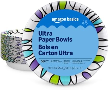 Amazon Basics Ultra Disposable Paper Bowls, 20 Oz, Microwave Safe...