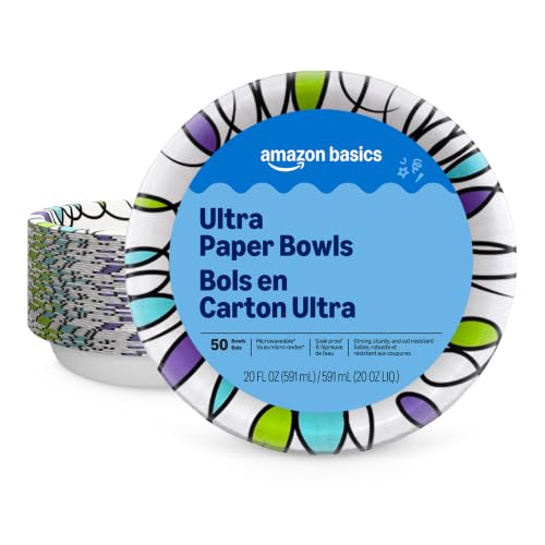 Amazon Basics Ultra Disposable Paper Bowls, 20 Oz, Microwave Safe, Soak Proof, Strong & Sturdy, White, 50 Count, Packaging May Vary