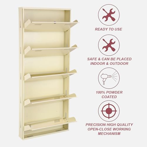 Image of Metal Shoe Rack Wall Mounted for Home with Central Locking | 5 Door 20 inch Wall Mounted Metal 10 Pair Shoe Rack Cabinet | Pre-Assembled Rack Shelves | 3 Year Warranty (Ivory)