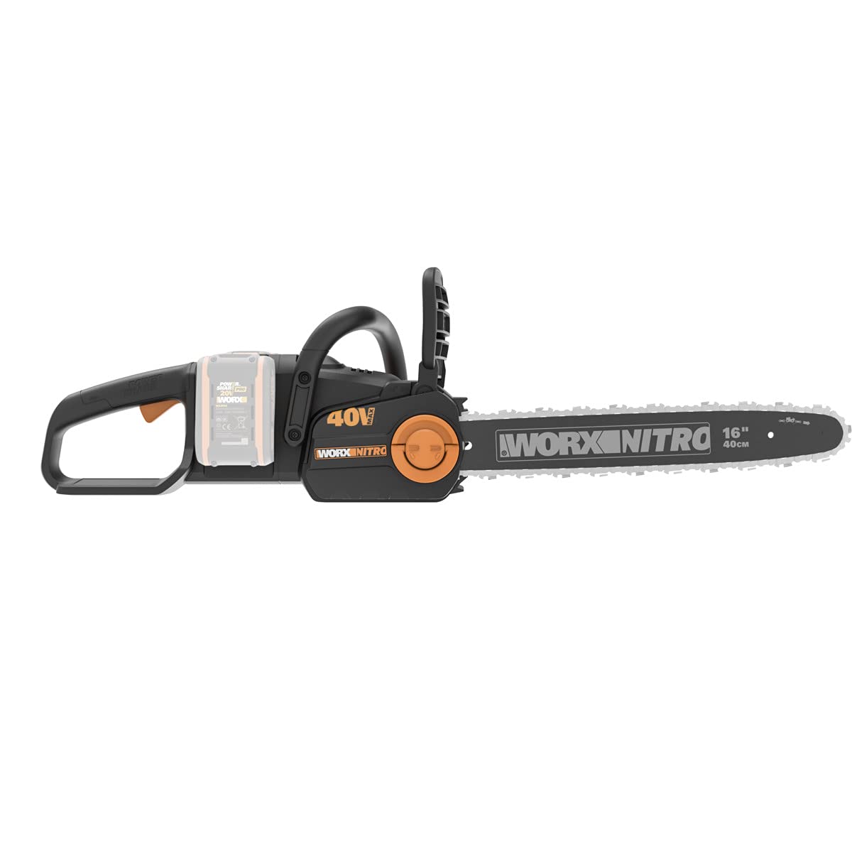 WORX Piła łańcuchowa Nitro 40V (2x20V) | PowerShare | WG385E.9 | Nie obejmuje baterii i ładowarki | Silnik bezszczotkowy | Miecz 40 cm | Hamulec łańcucha i automatyczne smarowanie