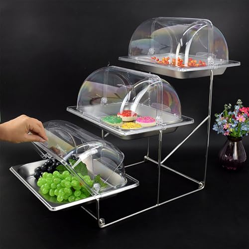 High-Capacity 3 Tiered Serving Trays Platters with Cover Stainless Steel Dessert Cupcake Table Display Stands Food Snake Fruit Catering Supplies Buffet Display Set (A2, 2cm Depth Platter with Cover)