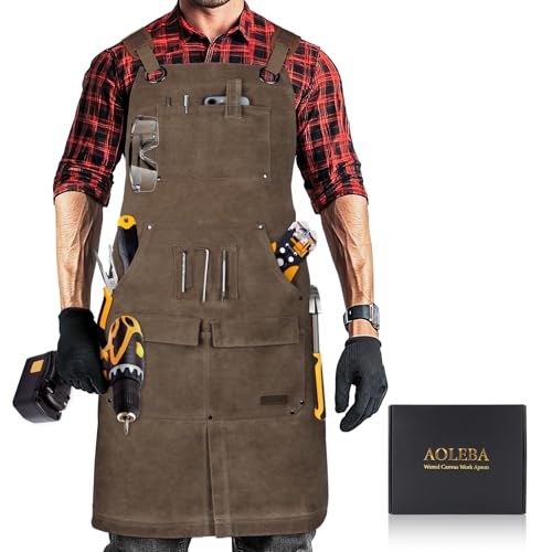 AOLEBA Woodworking Apron for Men,Heavy Duty Waxed Canvas Work Tool Apron with 12 Tool Pockets for Workshop, Mechanic, Carpenter, Blacksmith, Mens Aprons Gifts for Dad Father Men (Dark Brown)