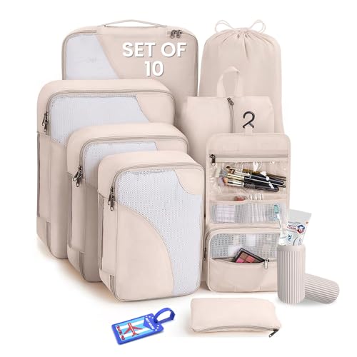 Image of OCEANEVO Set of 10 Pcs Packing Cubes for Travel | Includes Luggage Tag and Toothbrush Holder | Suitcase Organizer for Travelling for Clothes, Shoes and Lingerie | Model 3.0 - Beige - 1 Year Warranty