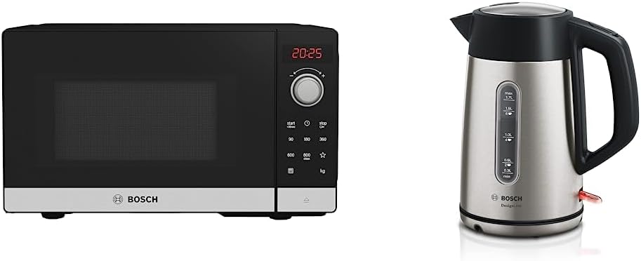 Bosch Serie 2 FFL023MS2B Freestanding microwave, 44 x 26 cm, Stainless steel & DesignLine Plus TWK4P440GB Stainless Steel Cordless Kettle, 1.7 Litres,3000 W - Stainless Steel