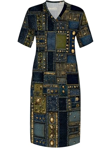 Image of SUZONANA Plus Size Denim Print Maxi Dresses for Women Casual V Neck Short Sleeve with Pockets Soft Jean Look Dress XL-6XL