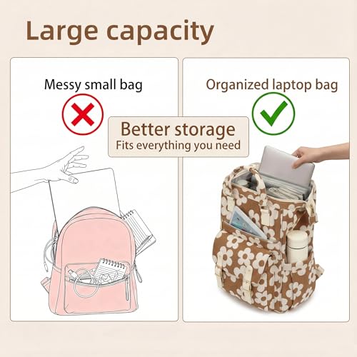 Image of Corduroy Laptop Backpack for Women 15.6 Inch Stylish College School Bookbag, Business Work & Travel Computer Backpacks (Large Floral Brown)