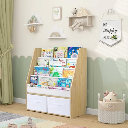 Image of MallBest Toddler Bookshelf – Solid Wood Book Display Rack with Storage Bins, Easy to Assemble, Ages 1-5 (Natural)