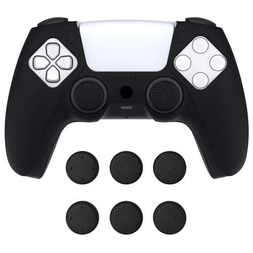 PlayVital Upgraded Pure Series Dockable Anti-Slip Silicone Cover Skin for ps5 Controller, Soft Rubber Grip Case for ps5 Wireless Controller Fits with Charging Station with 6 Thumb Grip Caps - Black