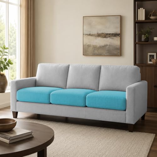 Image of Casaliving Gladino Modern Velvet Fabric Sofa, Tufted Design Upholstered 3 Seater Sofa Set for Living Room, Premium Velvet Fabric Sofa (Turquise Grey)