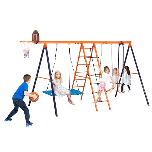 SUPER DEAL Outdoor Swing Set for Kids, Metal Playset with