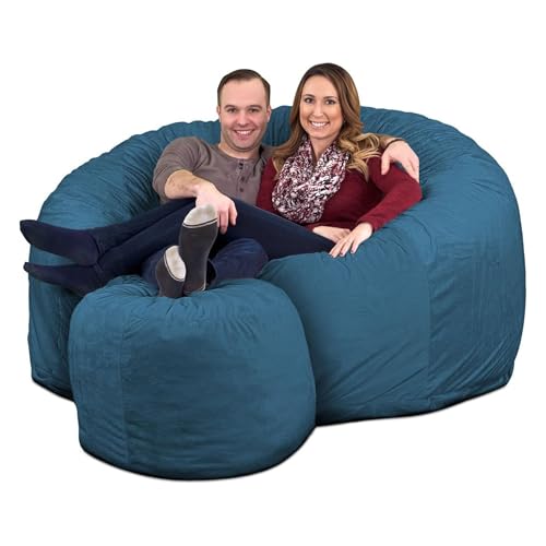 Image of ULTIMATE SACK 6000 6-Foot Bean Bag Chair with Footstool, Cloud Suede Cover - Oversized Foam Lounger, Floor Seat, Small Sofa, or Couch Bed for Living Area, Gaming Room, or Reading Lounge