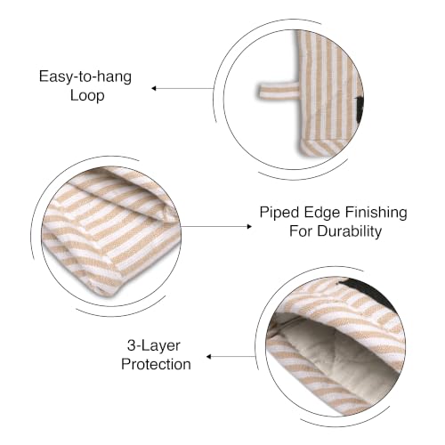 Image of Encasa XO Oven Gloves, Quilted Cooking Mitts, Microwave Safe Ticking Beige | 3-Layer Heat Protection Up to 220C | Non-Slip Grip & Hanging Loop | CE Certified | Set of 2