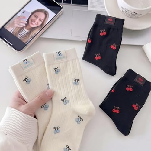 Image of Women's Cute Crew Socks, Casual Athletic Cotton Bowknot Cherry Calf Novelty Socks for Women