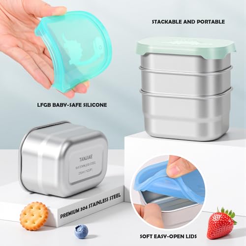 Image of Tanjiae 3x8oz Small Stainless Steel Snack Containers for Kids and Toddlers - 230mL Leakproof Food Containers with Cute Dino Lids | LFGB Certified, Stackable Metal Snack Box for School, Daycare, Travel