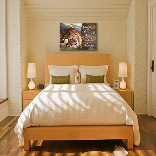 Christian Wall Decor Lion And Lamb Wall Art Scripture Spiritual Religious Pictures Christian Gift Lion Of Judah Canvas Give It To God And Go To Sleep Sign Decor Painting Prints Framed Artwork For Bederoom Church Bathroom Living Room 12"X16" #TOP4