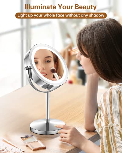 Benbilry Led Makeup Mirror With Lights And Magnification, 1X/10X Magnifying Lighted Magnifying Vanity Mirror, Dual Power Supply 360° Swivel Standing Shaving Mirror Bathroom Light Up Mirror (Silver) #TOP6