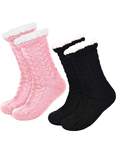 Boao 2 Pairs Women's Warm Slipper Socks Christmas Fuzzy Socks Fleece-lined Non Slip Slipper Socks (Black and Pink)