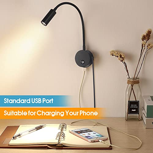 Wishomee Plug-In Dimmable Wall Mounted Reading Light With Usb Charging Port, Led Bedside Wall Lamp With Flexible Gooseneck, Black Finished(3W Warm White) #TOP1