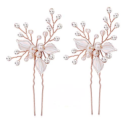Ammei Headpiece Rose Gold Wedding Hair Pins Pure Handmade Leaves Design Bridal Hair Pin with Rhinestones and Handmade Pearls Set Of 2