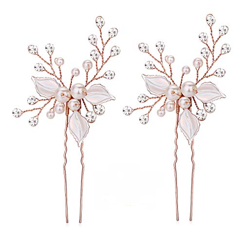 Keklle Rose Gold Wedding Hair Pins Pure Handmade Leaves Design Bridal Hair Pin with Rhinestones and Handmade Pearls Set Of 2 (Rose Gold)